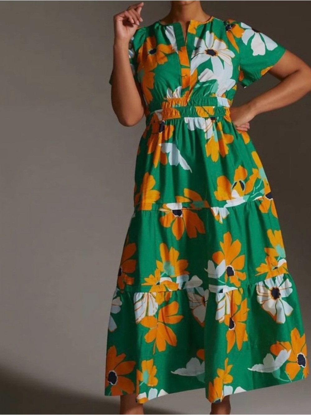 Anthropologie Maeve Somerset Maxi Dress Green Orange Floral Short Flutter Sleeve